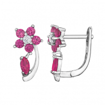 925 Sterling Silver Rhodium Plated Flower Ruby Huggies Earrings