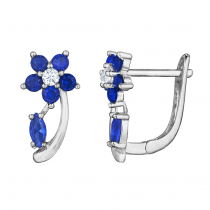 925 Sterling Silver Rhodium Plated Flower Sapphire Huggies Earrings