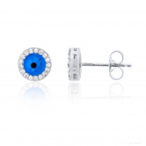 Sterling Silver Pave Evil Eye Stud Earrings Round With Enamel & Cubic Zirconia