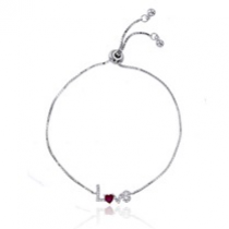 Sterling Silver Rhodium Plated Ruby Heart "Love" Adjustable Bolo Bracelet With Cubic Zirconia