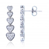 Sterling Silver Rhodium Plated Graduated Split Pave Hearts Vertical Earrings With Cubic Zirconia
