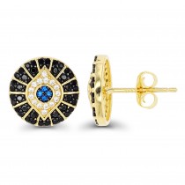Sterling Silver Yellow Gold Plated Evil Eye Stud Earrings With Cubic Zirconia