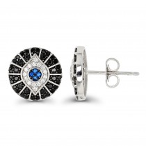 Sterling Silver Rhodium Plated Evil Eye Stud Earrings With Cubic Zirconia
