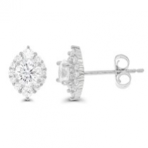 Sterling Silver Rhodium Plated Oval Halo Stud Earrings With Cubic Zirconia