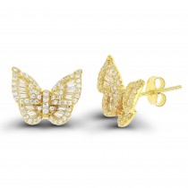 Sterling Silver Yellow Gold Plated Butterfly Stud Earrings With Cubic Zirconia