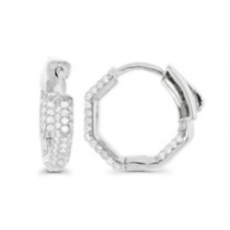 Sterling Silver Rhodium Plated White CZ Octagon Huggie Earrings With Cubic Zirconia