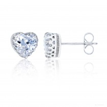 Sterling Silver Rhodium Plated 6.5mm Heart Pave Halo Stud Earring With CZ