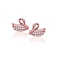 Sterling Silver Rose Gold Plated Round CZ Swan Stud Earrings 