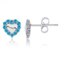 Sterling Silver Rhodium Plated Polished Heart Stud Earrings With Pave Sky Blue Frame Cubic Zirconia
