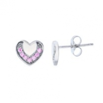 Sterling Silver Rhodium Plated Polished Heart Stud Earrings With Pave Pink Cubic Zirconia Frame