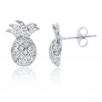 Sterling Silver Rhodium White Rd CZ Pineapple Stud Earring