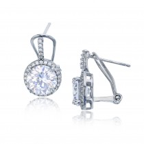 Sterling Silver Rhodium Plated Halo CZ Stud Earring With Omega Back & Cubic Zirconia