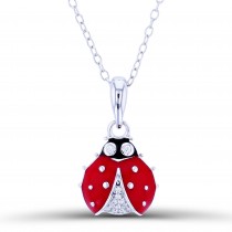 Sterling Silver Rhodium Plated Lady Bug Necklace With Enamel & Cubic Zirconia 16"+2"