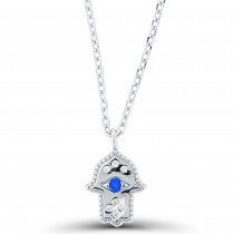 Sterling Silver Rhodium Plated Hamsa Necklace With Cubic Zirconia 16"+2"