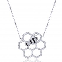 Sterling Silver Rhodium Plated Honeycomb Bee Necklace With White/Black/Yellow Cubic Zirconia