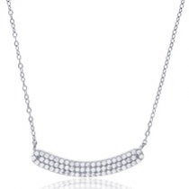 Sterling Silver Rhodium Plated 3-Rows Pave "Smile" Bar Necklace With Cubic Zirconia 18"