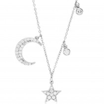 Sterling Silver Rhodium Plated Star & Moon Charm Necklace With Cubic Zirconia 16"+2"