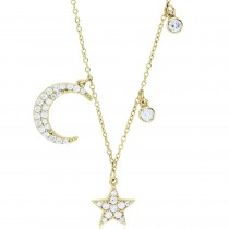 Sterling Silver Yellow Gold Plated Star & Moon Charm Necklace With Cubic Zirconia 16"+2"