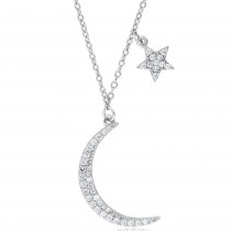 Sterling Silver Rhodium Plated Star & Moon Necklace With Cubic Zirconia 16"+2"