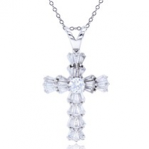 Sterling Silver Rhodium Plated Cross Necklace With Cubic Zirconia 18"