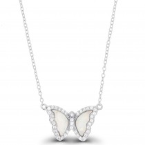 Sterling Silver Rhodium Plated Butterfly Necklace With Opal & Cubic Zirconia 16"+2"