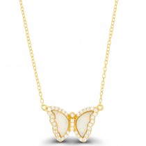 Sterling Silver Yellow Gold Plated Butterfly Necklace With Opal & Cubic Zirconia 16"+2"