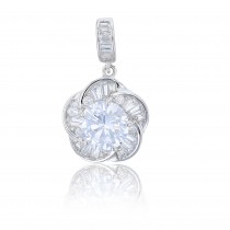 Sterling Silver Rhodium Round and Baguette Cut Flower Pendant