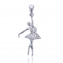 Sterling Silver Rhodium Plated Round CZ Ballerina Girl Dangling Pendant With CZ