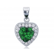 Sterling Silver Rhodium 7mm Heart Cut Emerald & Clear CZ Rd Cut Halo Heart Pendant