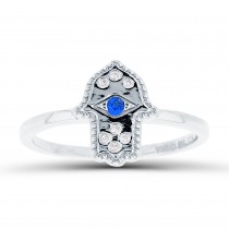 Sterling Silver Rhodium Plated Hamsa Ring With Cubic Zirconia