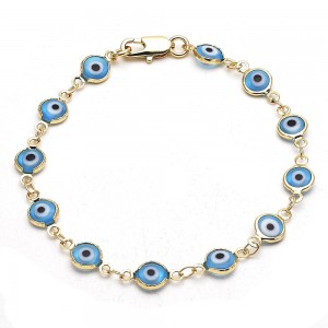 Gold Filled Greek Eye Design Fancy Bracelet Light Blue Resin Finish Golden Tone