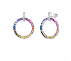 Sterling Silver Rhodium Plated Rainbow Circle Earrings With Multicolor Baguette CZ