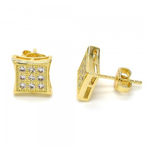 Gold Finish Stud Earring with White Micro Pave Polished Golden Tone