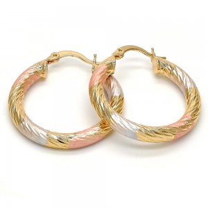 Gold Filled 4mmx30mm Medium Hoop Hollow Design Diamond Cutting Finish Tri Tone