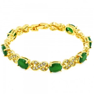 Gold Filled Tennis Bracelet Hugs and Kisses Design With Green and White Cubic Zirconia Polished Finish Golden Tone