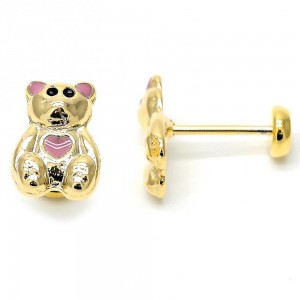 Gold Filled Stud Earring Teddy Bear Design Pink Enamel Finish Golden Tone
