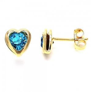 Gold Filled Stud Earring Heart and Love Design with Sapphire Blue Crystal Polished Finish Golden Tone