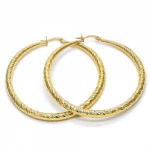 Gold Finish Large Hoop 2x60mm Hollow Design Diamond Cutting Finish Golden Tone