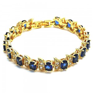 Gold Filled Tennis Bracelet With Sapphire Blue and White Cubic Zirconia Polished Finish Golden Tone