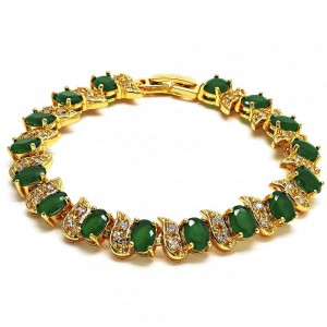 Gold Filled Tennis Bracelet With Green and White Cubic Zirconia Polished Finish Golden Tone