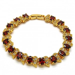 Gold Filled Tennis Bracelet With Garnet and White Cubic Zirconia Polished Finish Golden Tone