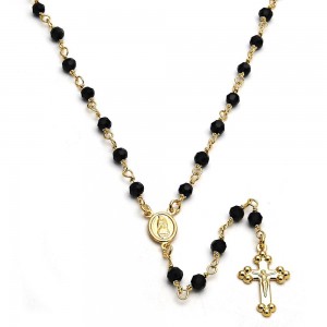 Gold Filled Thin Rosary Guadalupe and Crucifix Design With Black Azavache Polished Finish Golden Tone