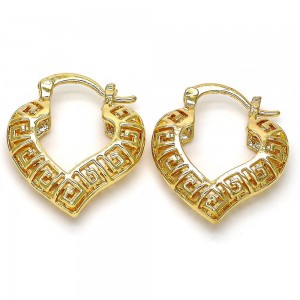 Gold Filled Small Hoop Greek Key and Heart Design Polished Golden Finish