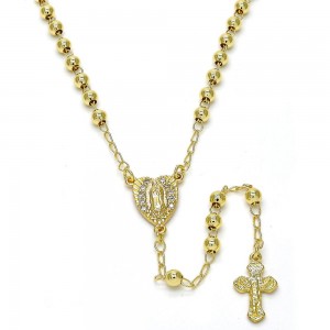 Gold Filled Thin Rosary Guadalupe and Crucifix Design With White Micro Pave Polished Finish Golden Tone