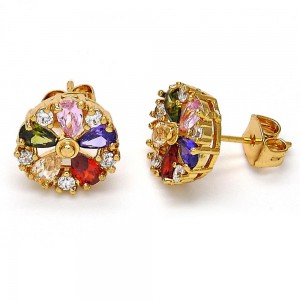 Gold Filled Stud Earring Flower Design With Cubic Zirconia Golden Tone