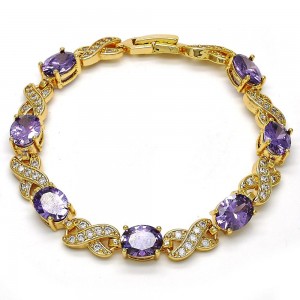 Gold Filled Tennis Bracelet Hugs and Kisses Design With Amethyst and White Cubic Zirconia Polished Finish Golden Tone