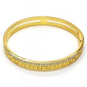 Gold Filled Individual Bangle Greek Key Design with White Crystal Polished Golden Tone (08 MM Thickness, Size 4 - 2.25 Diameter)