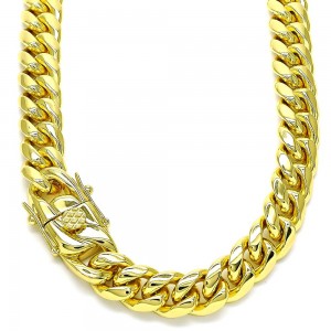 Gold Finish Basic Necklace Miami Cuban Design 30" Polished Golden Tone