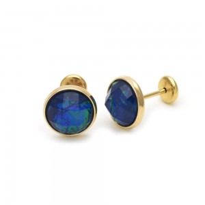 Gold Filled Stud Earring With Sapphire Blue Opal Polished Finish Golden Tone