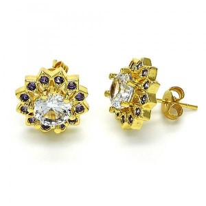 Gold Filled Stud Earring Flower Design Golden Tone With Purple Cubic Zirconia 